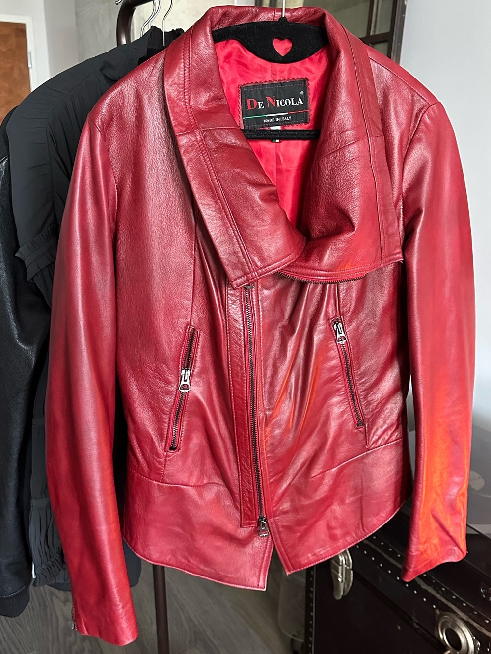 Red Leather Asymmetric Moto Jacket